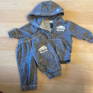 Roots grey marled hoodie and sweat pants.